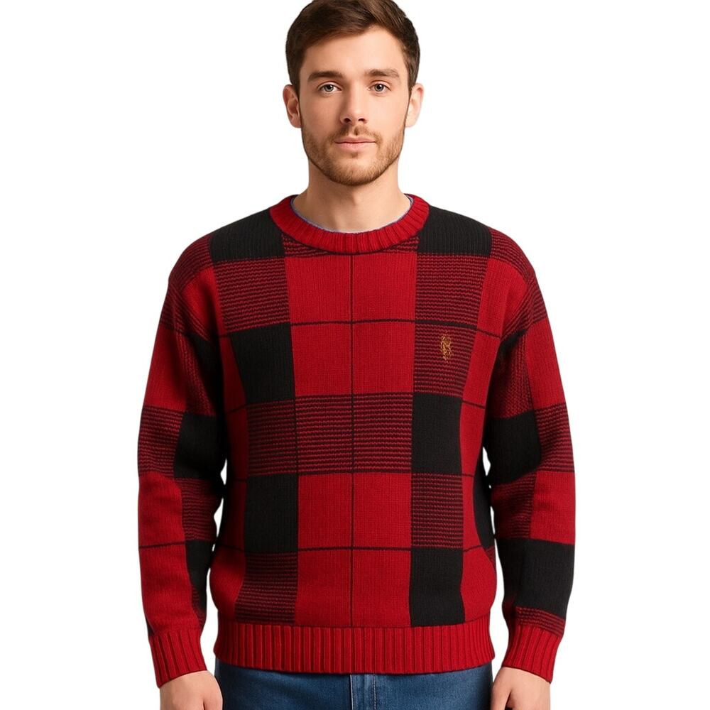 Chaps Ralph Lauren Hand-Framed Sweater Men’s M Red Black Plaid 100% Cotton